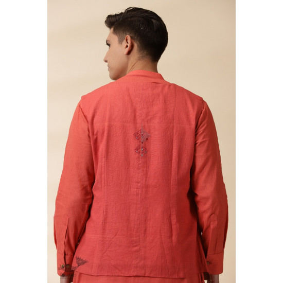 shop Handwoven Cotton - Orange Men's Yoke Kurta With Jacket (Set of Two)