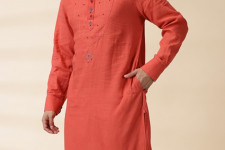 Ekansh . एकांश | Handwoven Cotton - Orange Men's Yoke Kurta With Jacket (Set of Two)