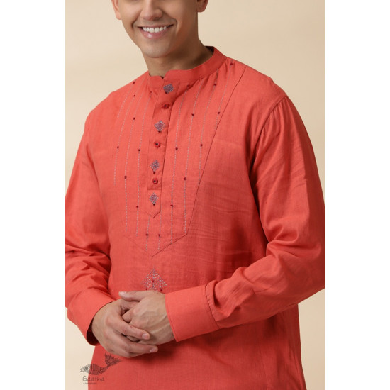 shop Handwoven Cotton - Orange Men's Yoke Kurta With Jacket (Set of Two)