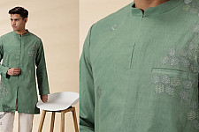 Ekansh . एकांश | Handwoven Cotton - Green Jacket Style Men Long Kurta 