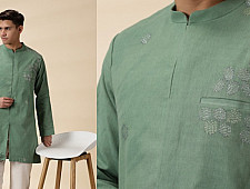 Ekansh . एकांश | Handwoven Cotton - Green Jacket Style Men Long Kurta 