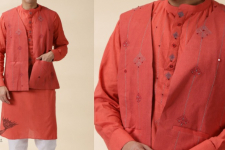 Ekansh . एकांश | Handwoven Cotton - Orange Men's Yoke Kurta With Jacket (Set of Two)