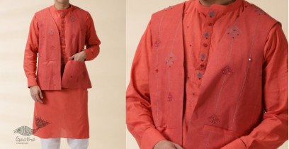 Ekansh . एकांश | Handwoven Cotton - Orange Men's Yoke Kurta With Jacket (Set of Two)