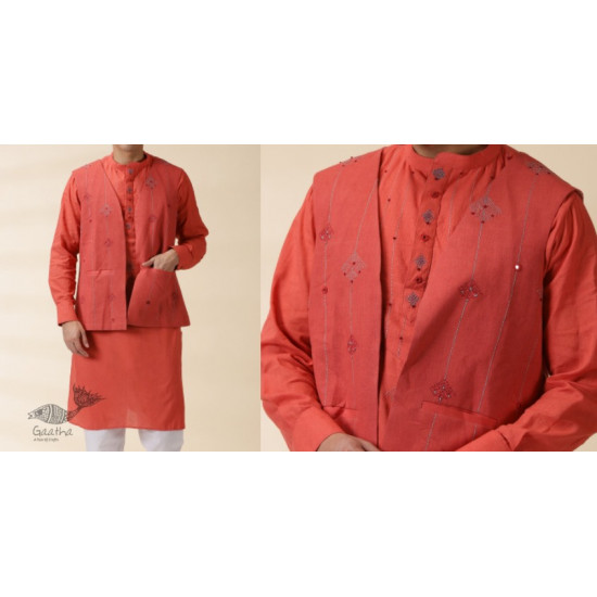 shop Handwoven Cotton - Orange Men's Yoke Kurta With Jacket (Set of Two)