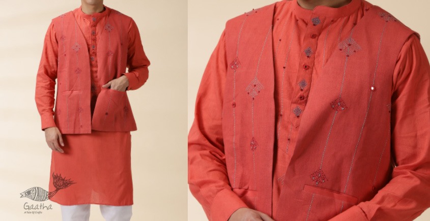 shop Handwoven Cotton - Orange Men's Yoke Kurta With Jacket (Set of Two)