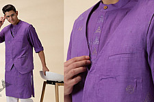 Ekansh . एकांश | Handwoven Cotton - Purple Men Kantha Work Long Kurta With Jacket (Set of Two)