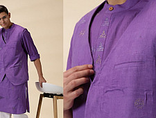 Ekansh . एकांश | Handwoven Cotton - Purple Men Kantha Work Long Kurta With Jacket (Set of Two)