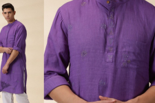 Ekansh . एकांश | Purple Men Kantha Work Long Handwoven Cotton Kurta