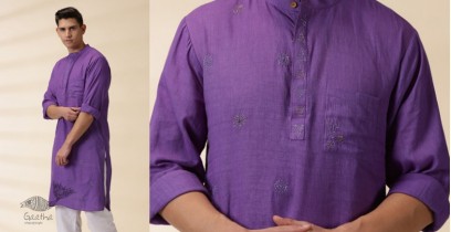 Ekansh . एकांश | Purple Men Kantha Work Long Handwoven Cotton Kurta