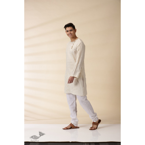 shop Handwoven Cotton - Off White Kantha Work Kurta  