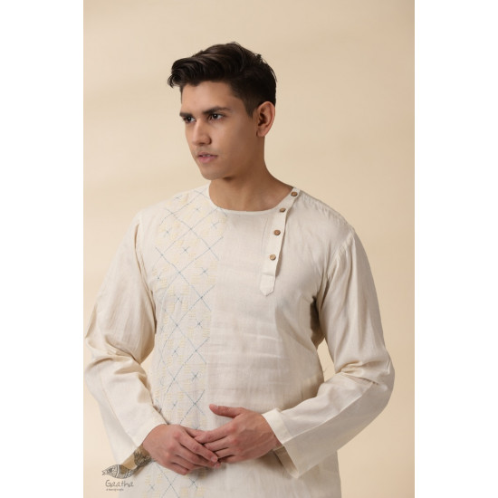 shop Handwoven Cotton - Off White Kantha Work Kurta  