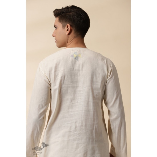 shop Handwoven Cotton - Off White Kantha Work Kurta  