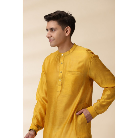 shop Handwoven - Yellow Chanderi Men Kurta 