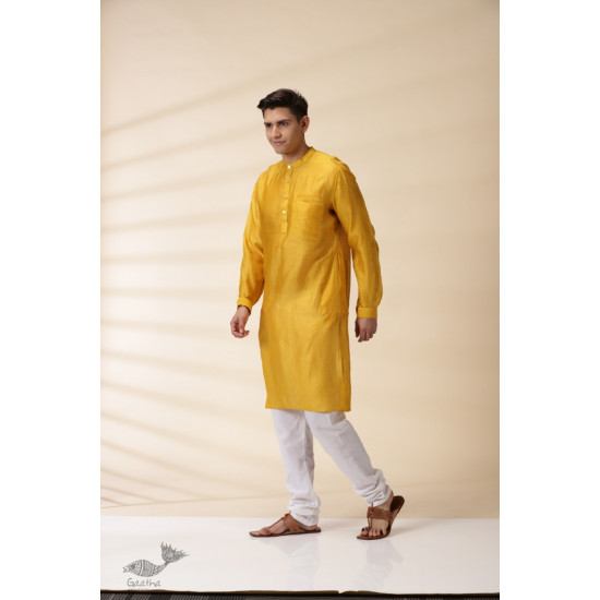 shop Handwoven - Yellow Chanderi Men Kurta 