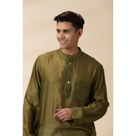 shop Handwoven - Green Men Chanderi Chikankari Kurta 