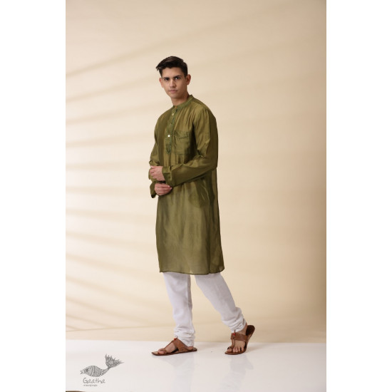 shop Handwoven - Green Men Chanderi Chikankari Kurta 