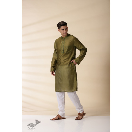 shop Handwoven - Green Men Chanderi Chikankari Kurta 