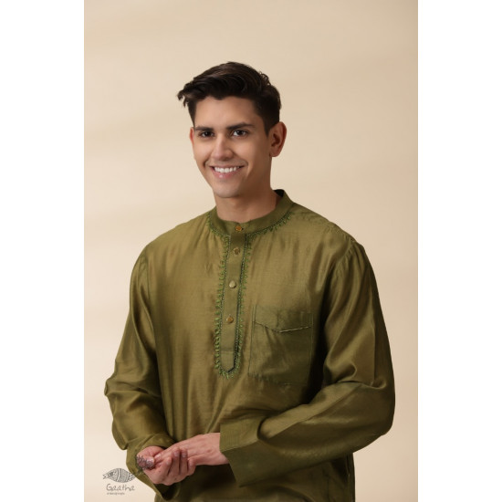 shop Handwoven - Green Men Chanderi Chikankari Kurta 