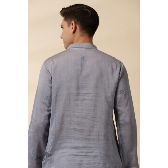 shop Handwoven - Grey Man Chanderi Chikan Kurta 