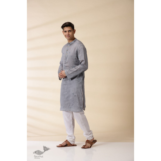 shop Handwoven - Grey Man Chanderi Chikan Kurta 