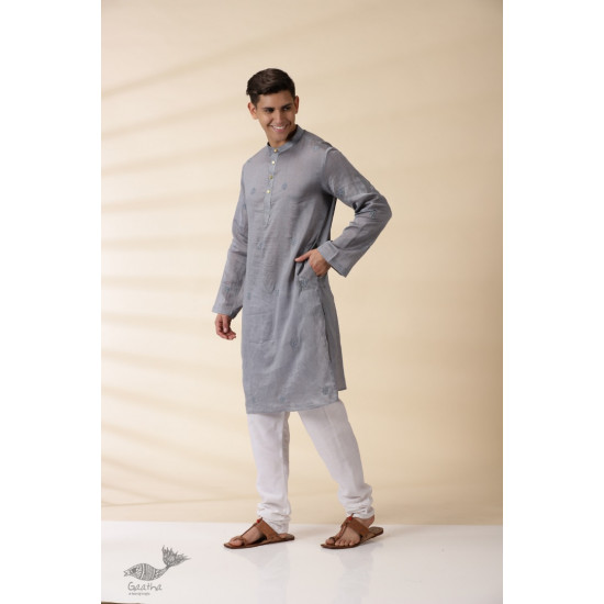 shop Handwoven - Grey Man Chanderi Chikan Kurta 