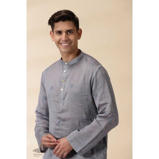 shop Handwoven - Grey Man Chanderi Chikan Kurta 