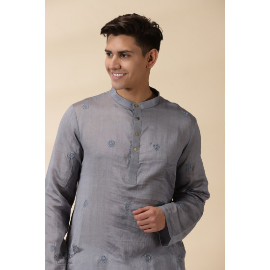 shop Handwoven - Grey Man Chanderi Chikan Kurta 