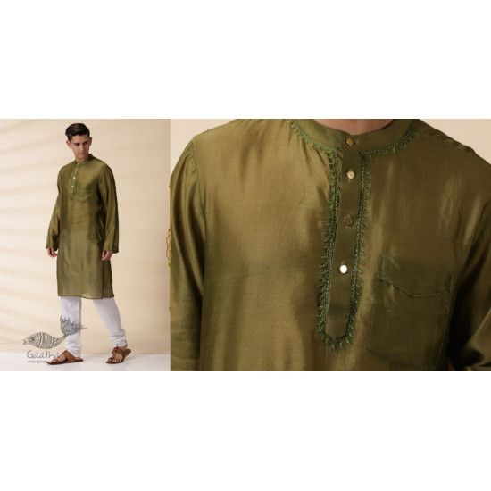 shop Handwoven - Green Men Chanderi Chikankari Kurta 