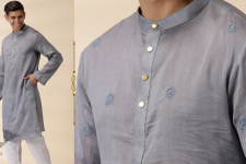 Ekansh . एकांश | Handwoven Man Chanderi Silk Chikan Kurta - Grey 