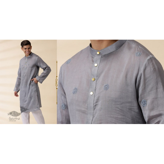 shop Handwoven - Grey Man Chanderi Chikan Kurta 