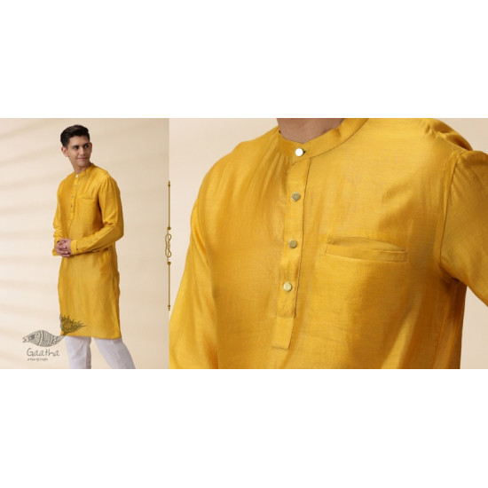 shop Handwoven - Yellow Chanderi Men Kurta 