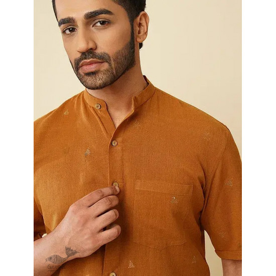 shop handloom cotton - Mustard Handwoven Men's Shirt