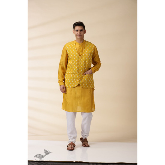 shop Yellow Chanderi Men Jacket & Kurta Set