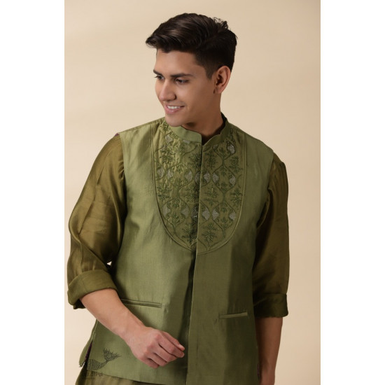 shop  Green Chanderi Men Nehru Jacket & Kurta Set 