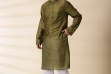 Ekansh . एकांश | Green Chanderi Men Nehru Jacket & Kurta Set 