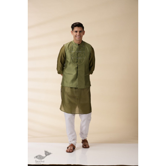 shop  Green Chanderi Men Nehru Jacket & Kurta Set 