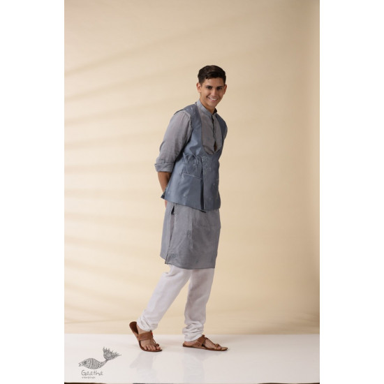 shop Grey Chanderi Men's Achkan Jacket & Kurta Set 