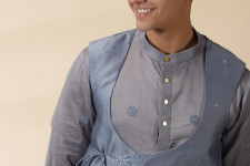 Ekansh . एकांश | Grey Chanderi Men's Achkan Jacket & Kurta Set 