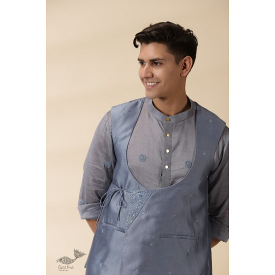 shop Grey Chanderi Men's Achkan Jacket & Kurta Set 