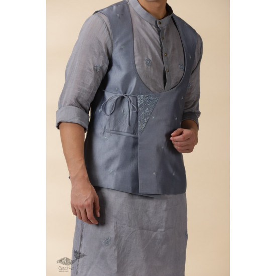 shop Grey Chanderi Men's Achkan Jacket & Kurta Set 