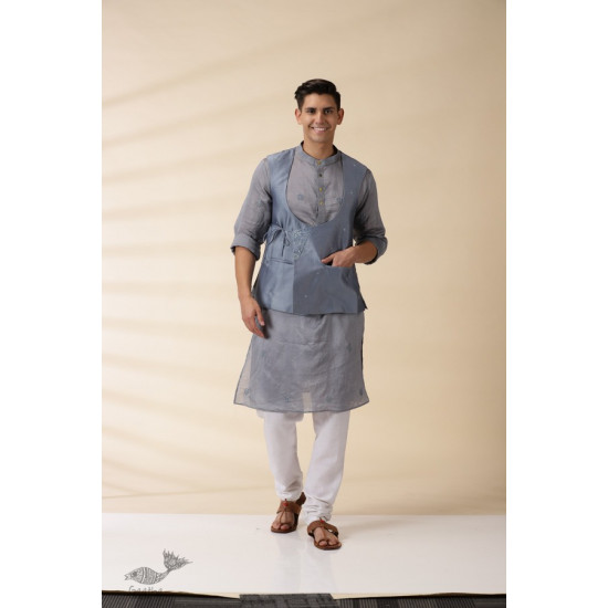 shop Grey Chanderi Men's Achkan Jacket & Kurta Set 