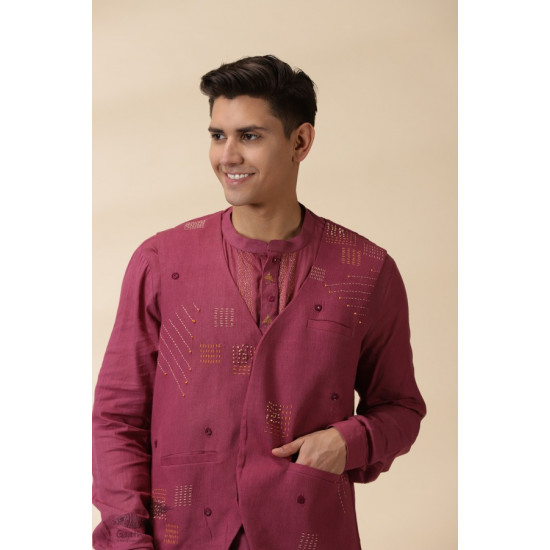 shop Majenta Handwoven Men Sadri & Kurta Set