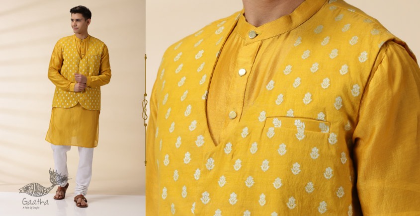 Digital Printed Art Silk Kurta Jacket Set in Yellow and Multicolor : MAT387