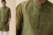 Ekansh . एकांश | Green Chanderi Men Nehru Jacket & Kurta Set 