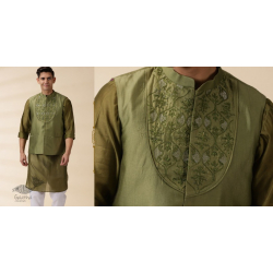 Ekansh . एकांश | Green Chanderi Men Nehru Jacket & Kurta Set 