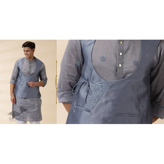 shop Grey Chanderi Men's Achkan Jacket & Kurta Set 