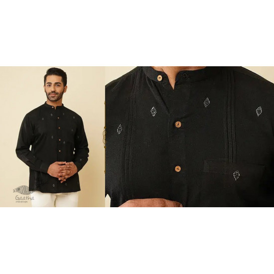 shop handloom cotton -Black Men's Handwoven Cotton Shirt