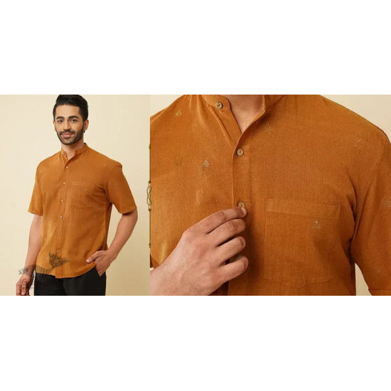 shop handloom cotton - Mustard Handwoven Men's Shirt