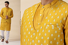 Ekansh . एकांश | Yellow Chanderi Men Jacket & Kurta Set