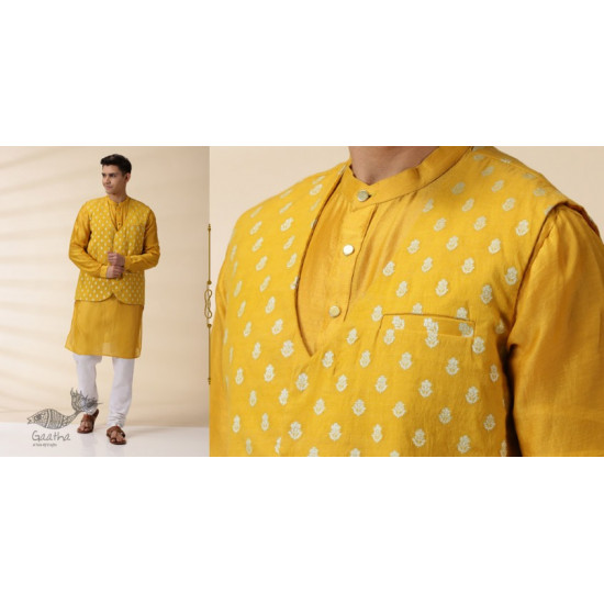 shop Yellow Chanderi Men Jacket & Kurta Set